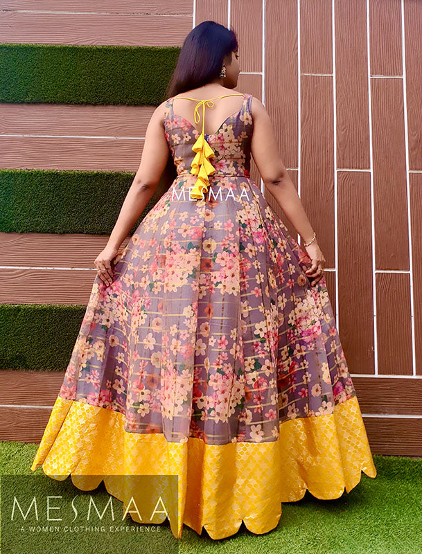 Grey yellow  floral floor length dress