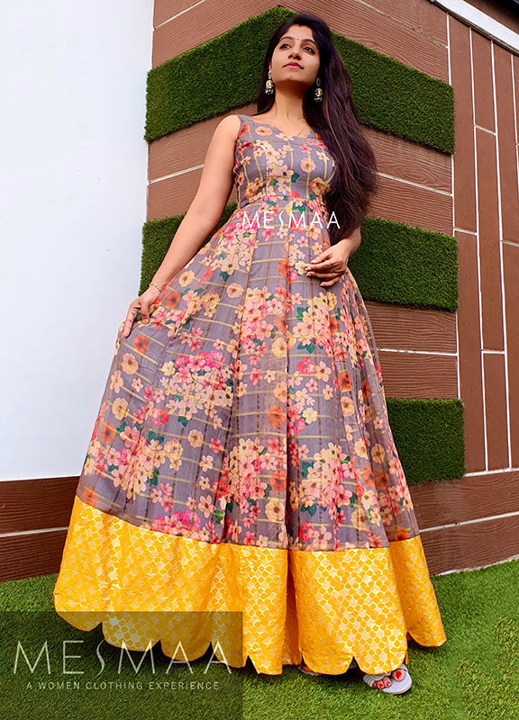 Grey yellow  floral floor length dress
