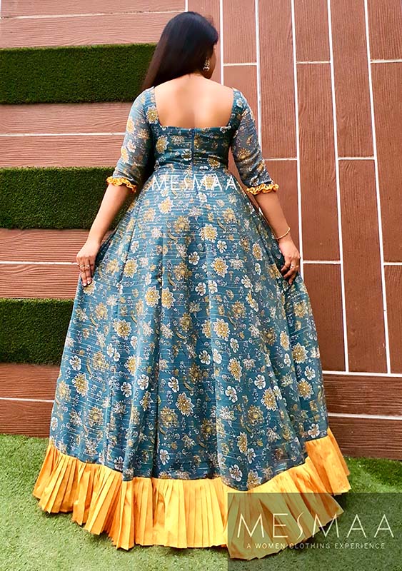 Mustard yellow peacock blue floral floor length dress