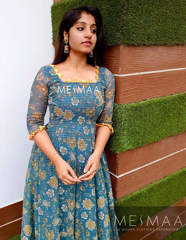 Mustard yellow peacock blue floral floor length dress