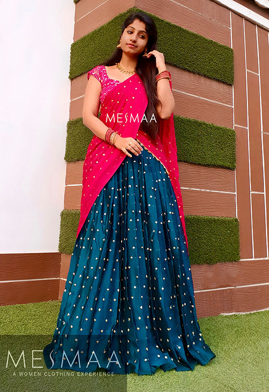 Peacock blue pink half saree – Mesmaa