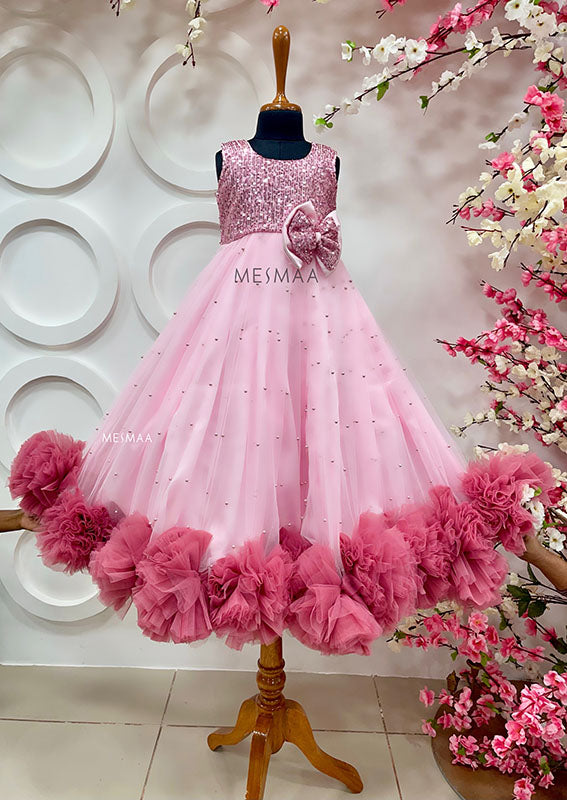 Pink pom-pom kids gown