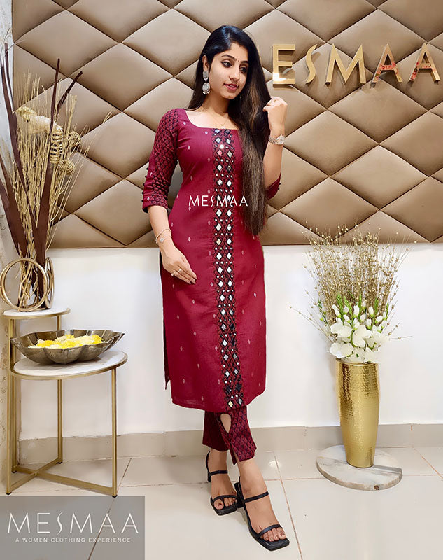 Maroon black mirror worked Kurti