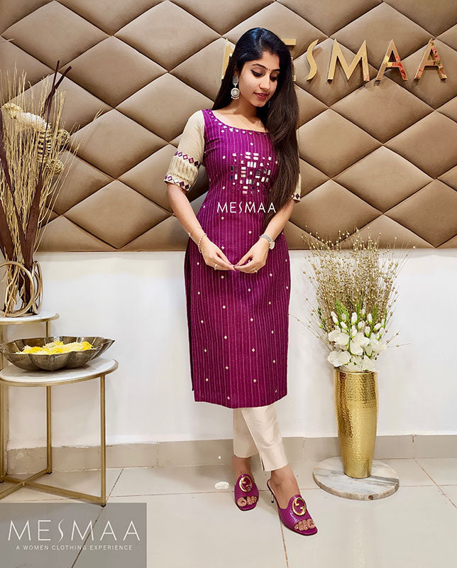 Purple beige mirror worked Kurti