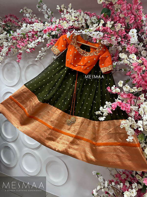 Orange olive green bridal lehenga