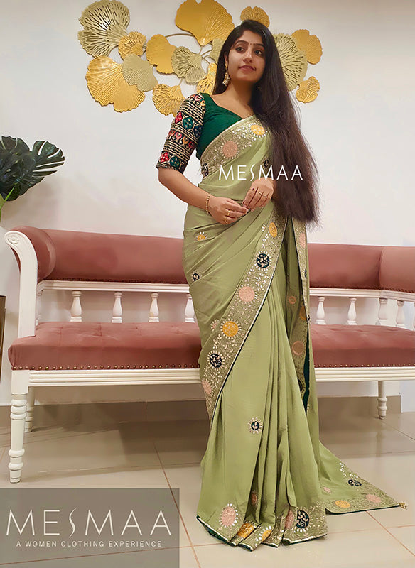 Mint n bottle green saree