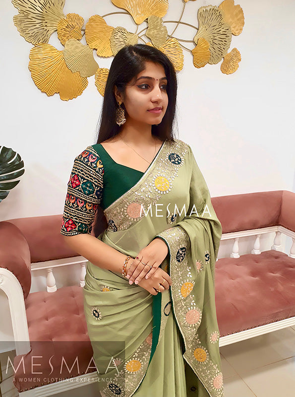 Mint n bottle green saree