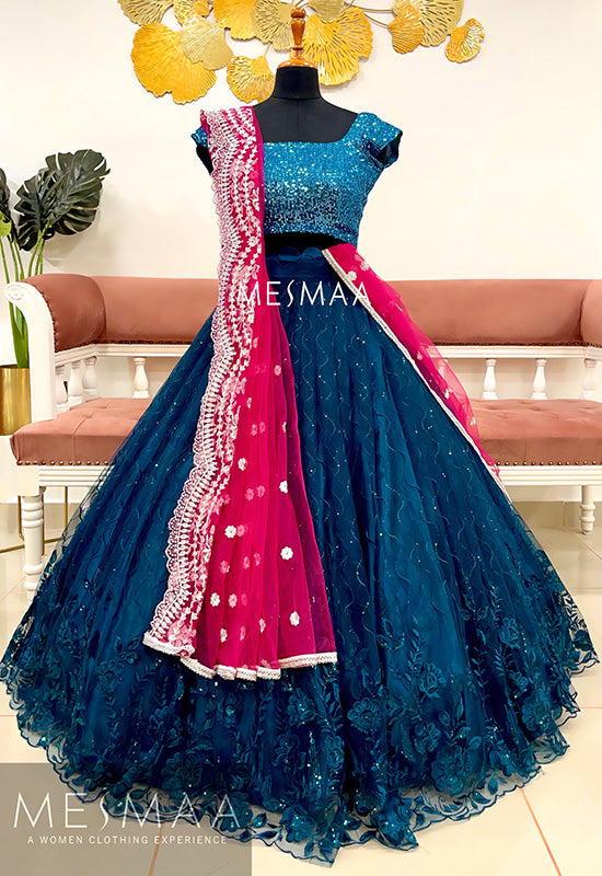 Peacock blue pink lehenga