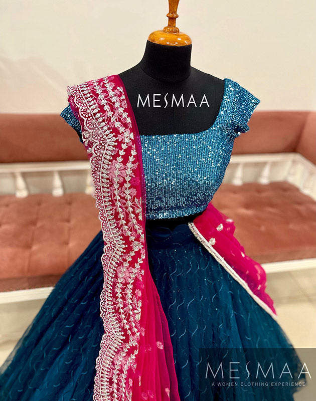 Peacock blue pink lehenga