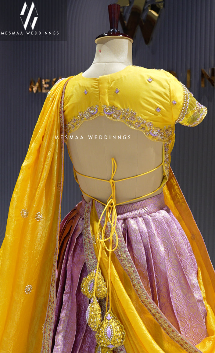 SUNFLOWER YELLOW LOTUS PINK PATTU HALF SAREE.