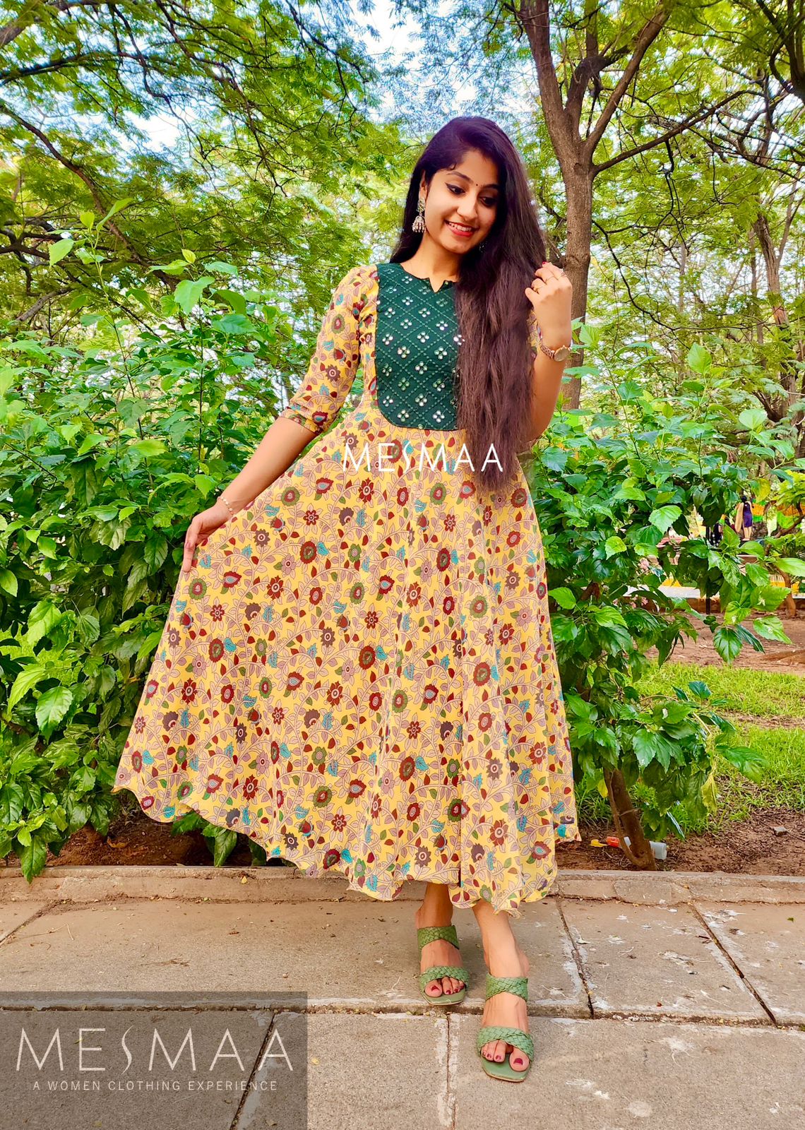Mustard bottle green kalamkari dress