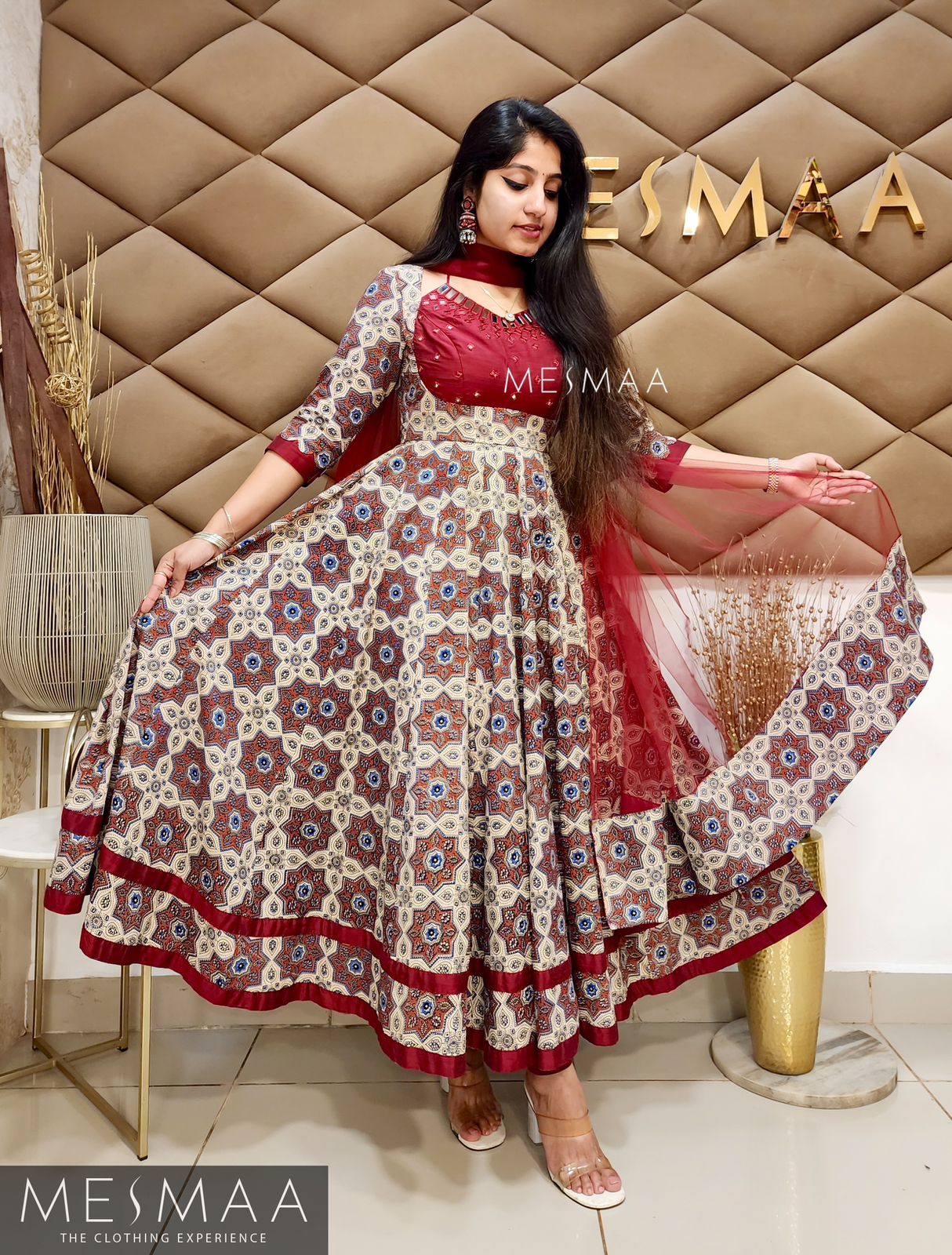 Half white dark red ajrakh anarkali.