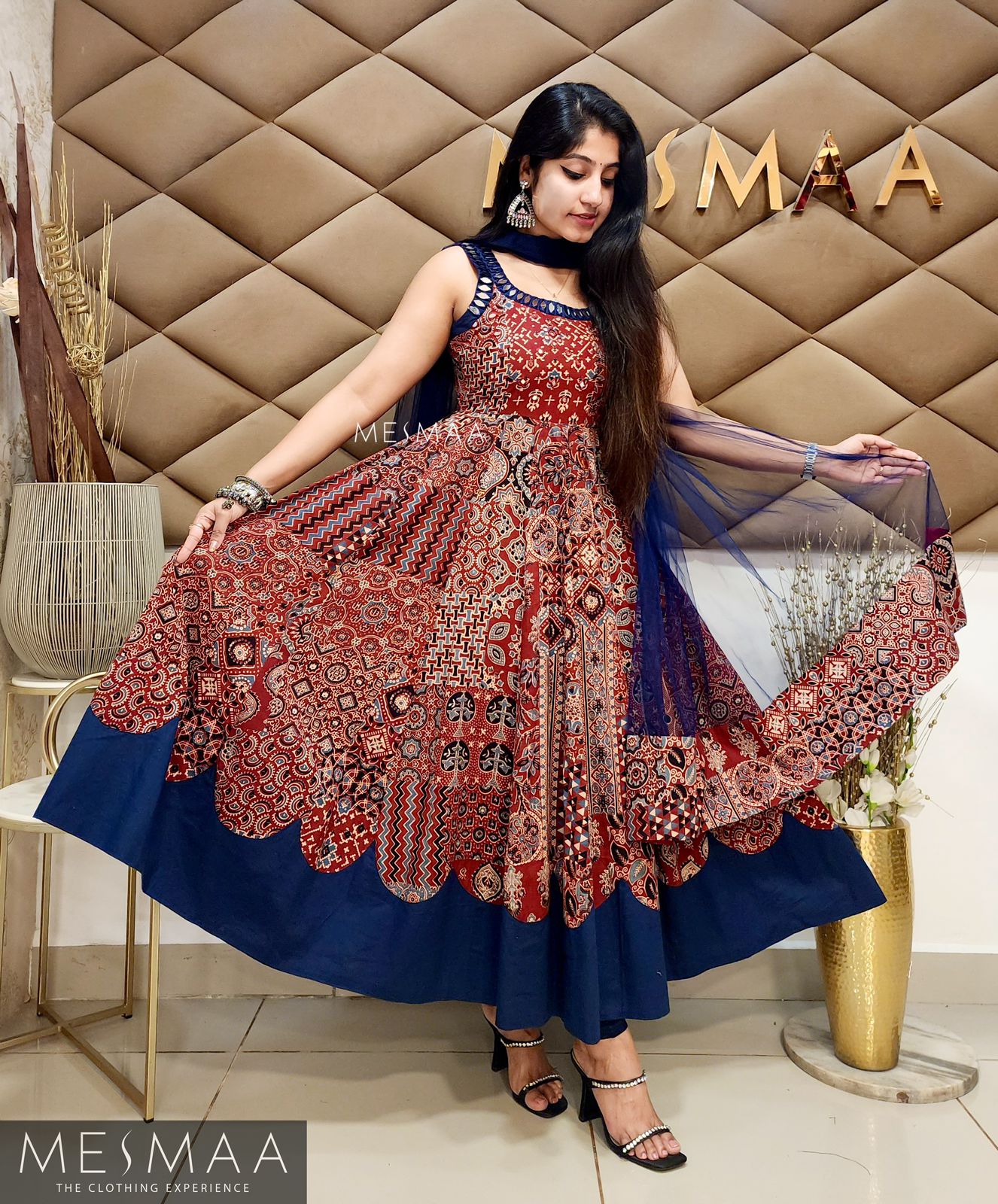 Brick red navy blue ajrakh anarkali.