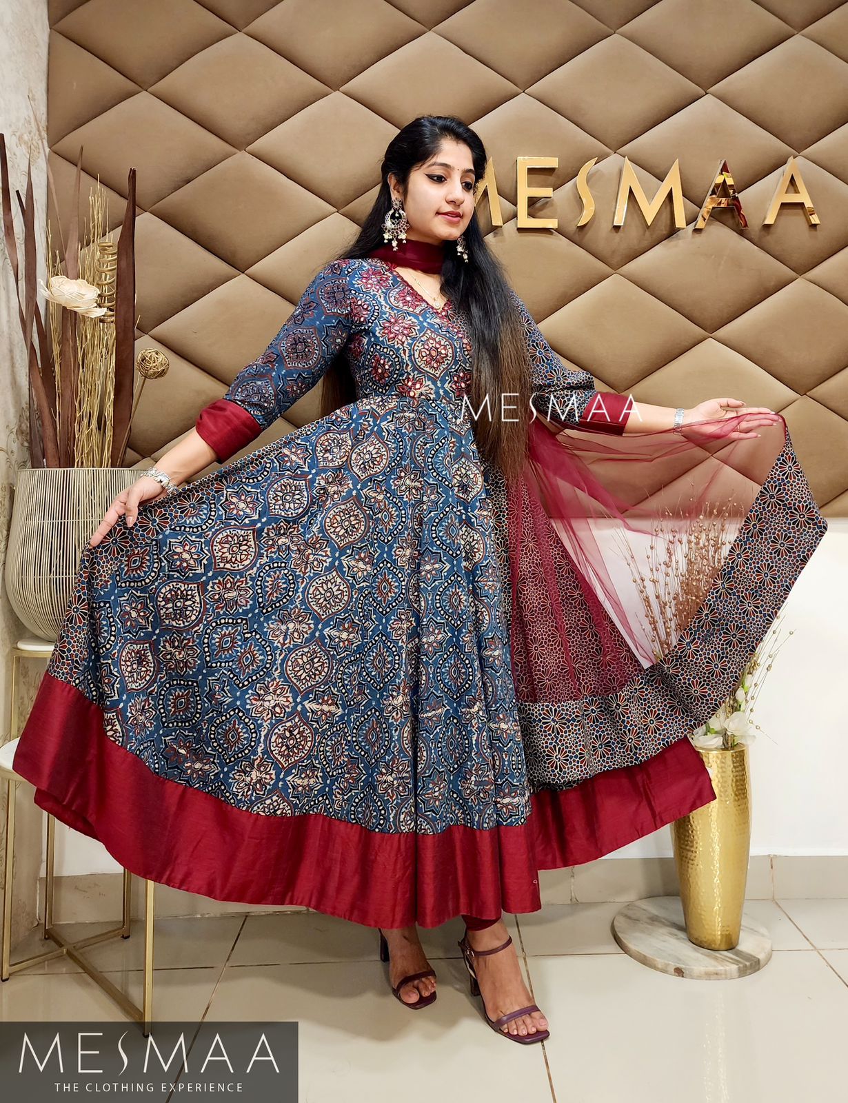 Indigo blue dark red ajrakh anarkali.