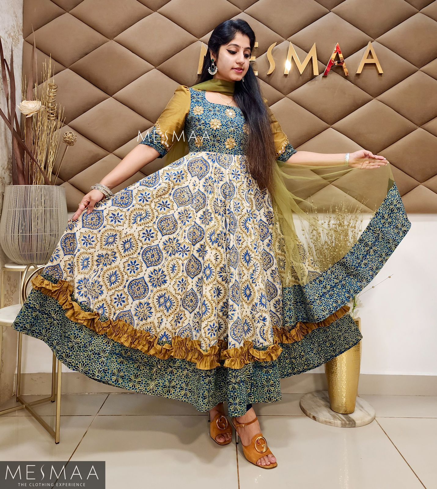 Half white indigo mustard ajrakh anarkali.