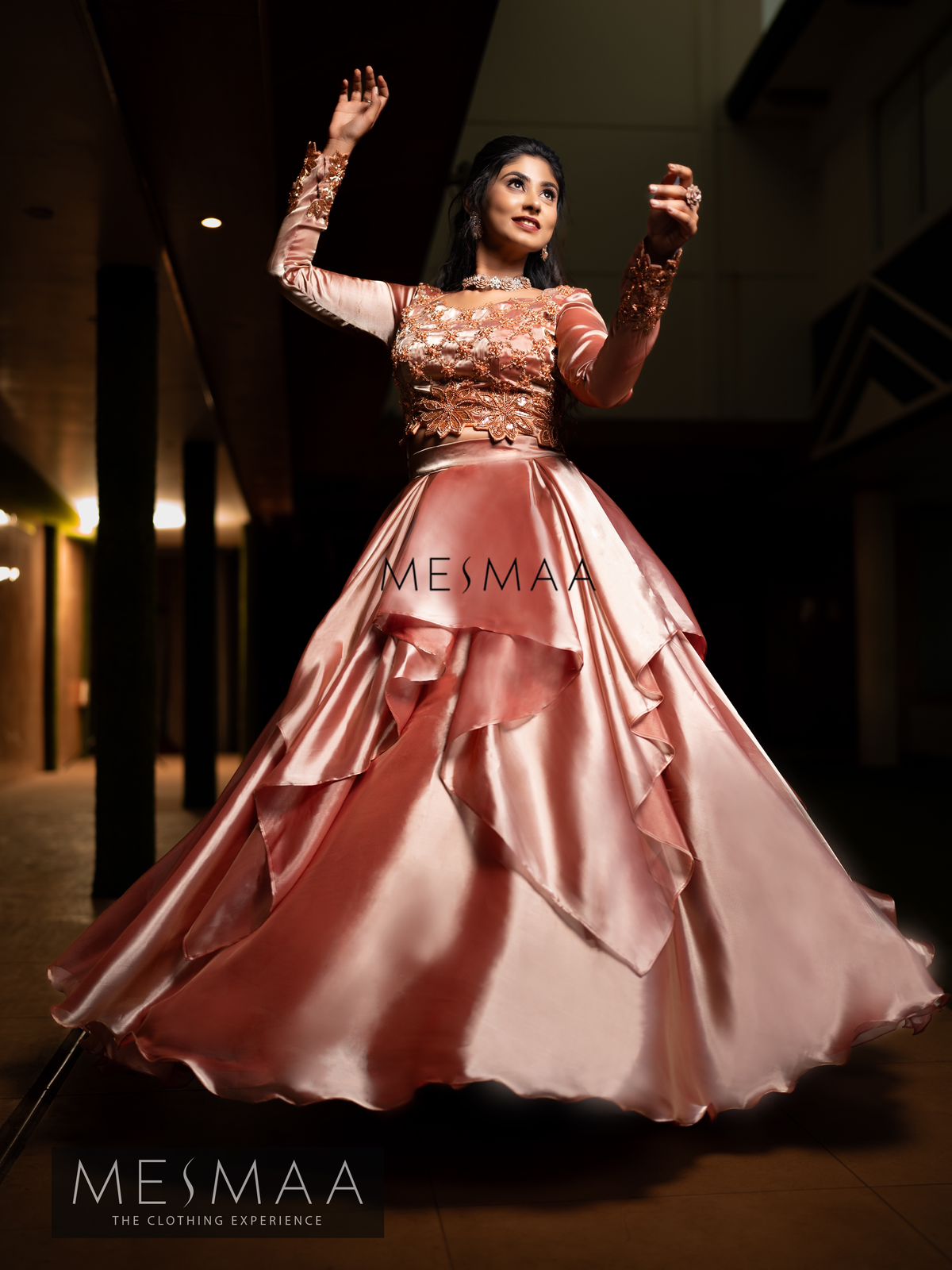 Copper radiance layered lehenga.