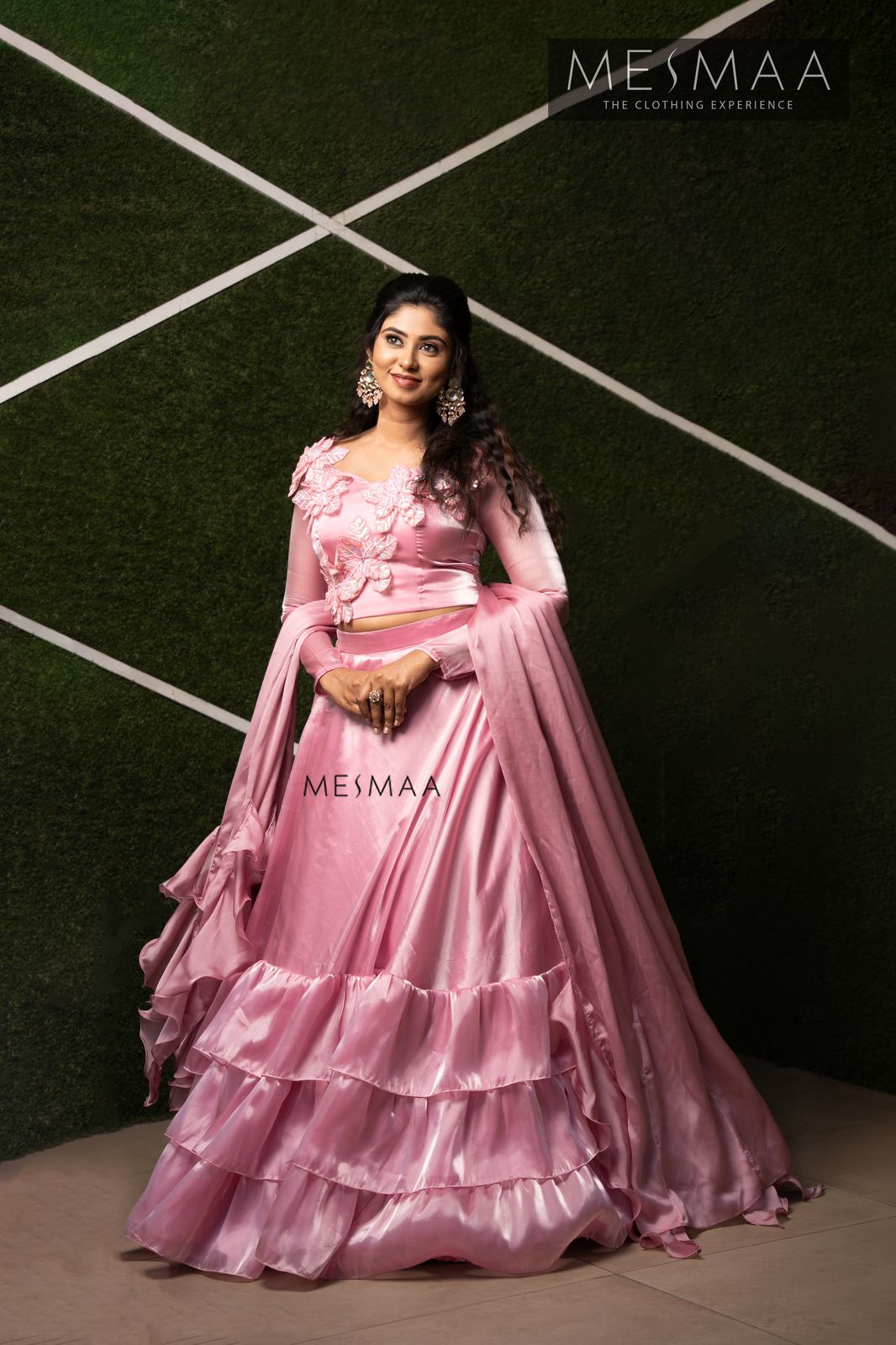 Pink blossom ruffle lehenga.