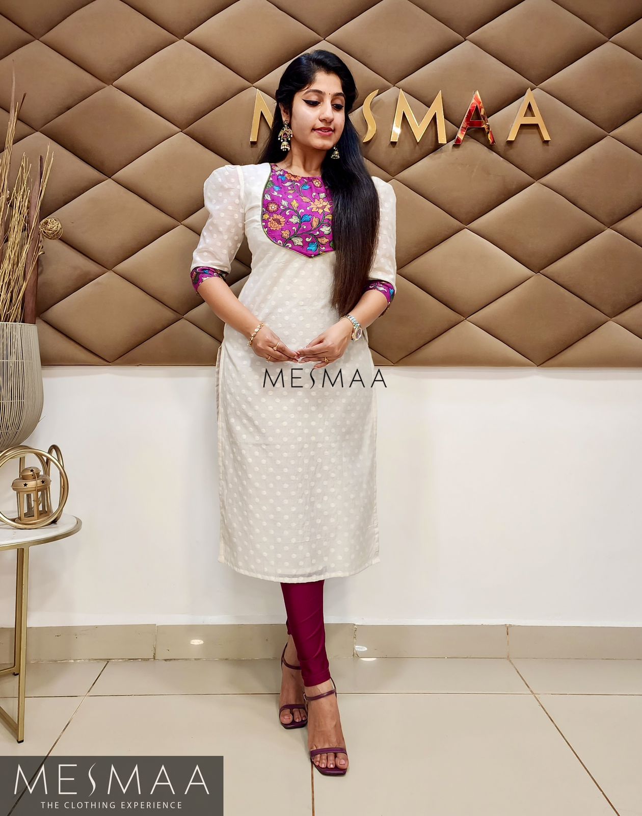 Half white purple kurti set.