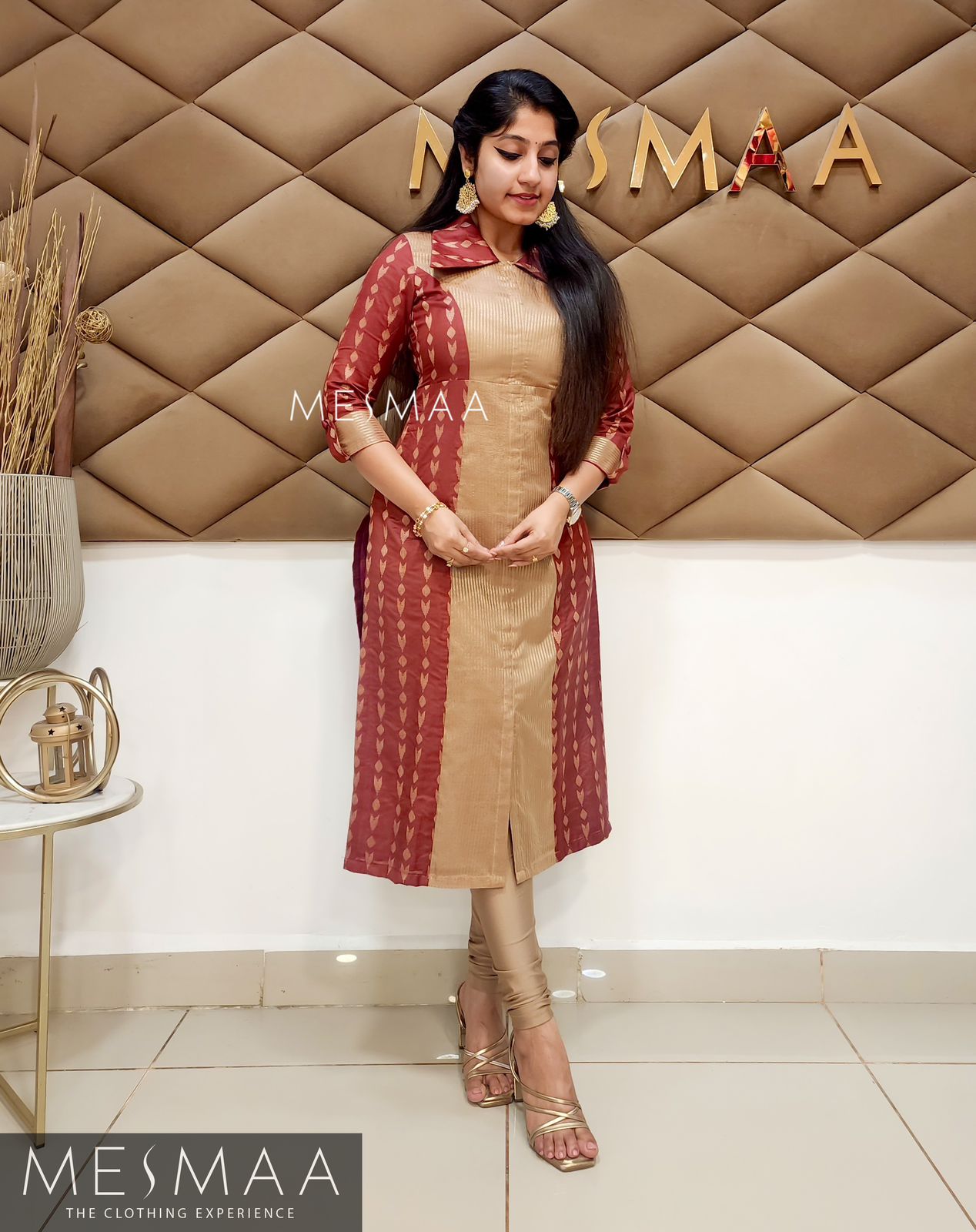 Maroon golden beige kurti set.
