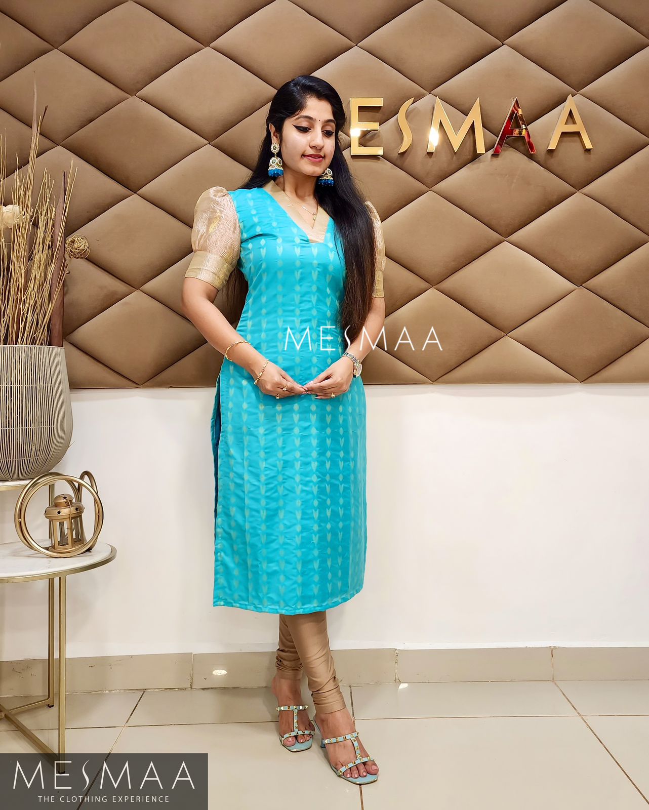 Sky blue gold kurti set.