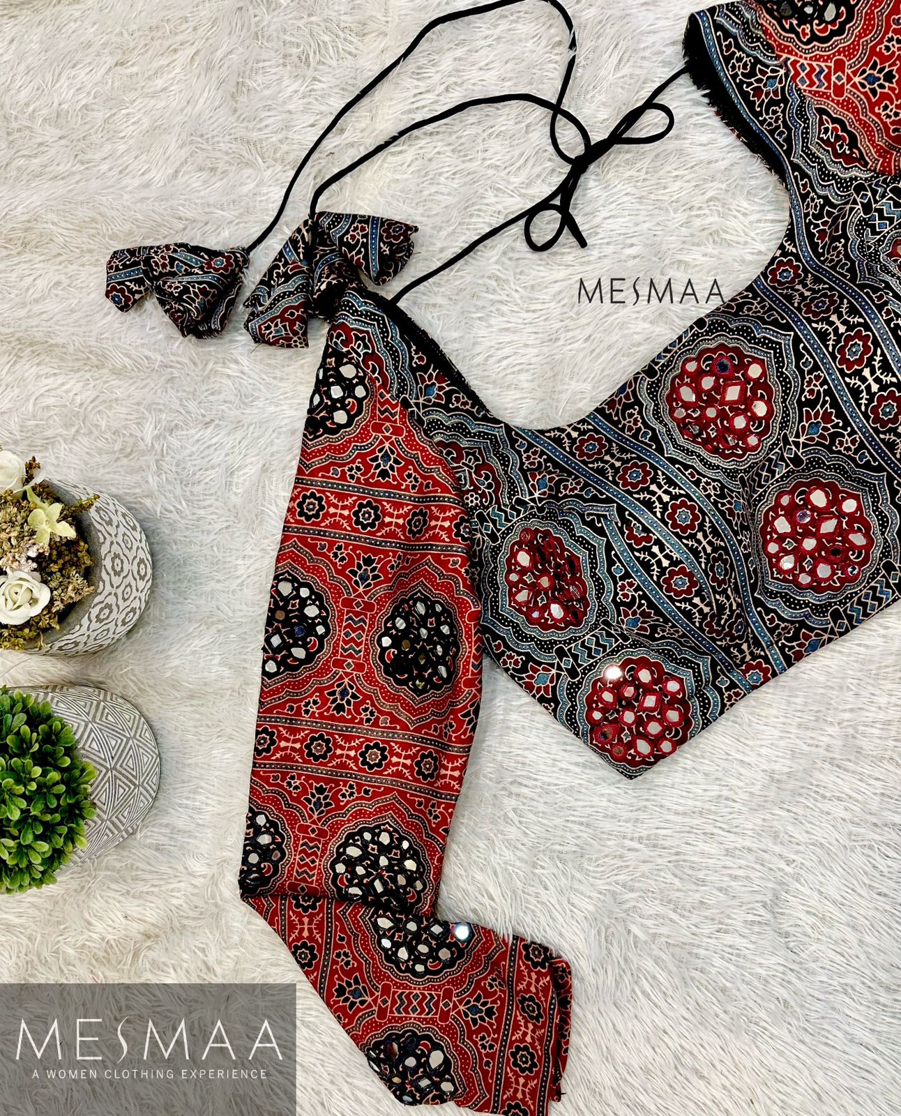 Black brick red ajrakh blouse.