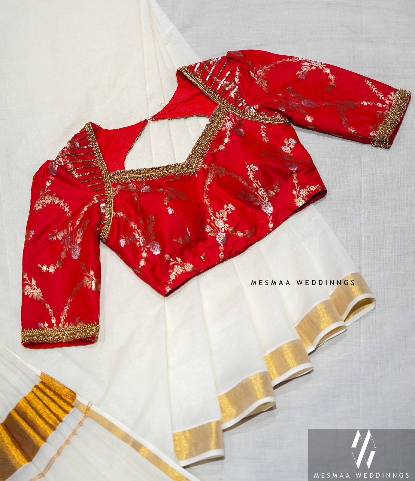 Red banaras silk blouse.
