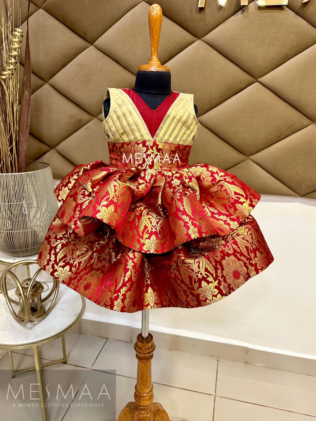 Maroon gold kids gown.
