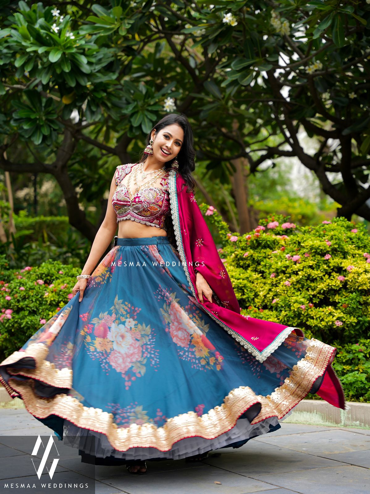 RUBY RED PEACOCK BLUE FLORAL LEHENGA.