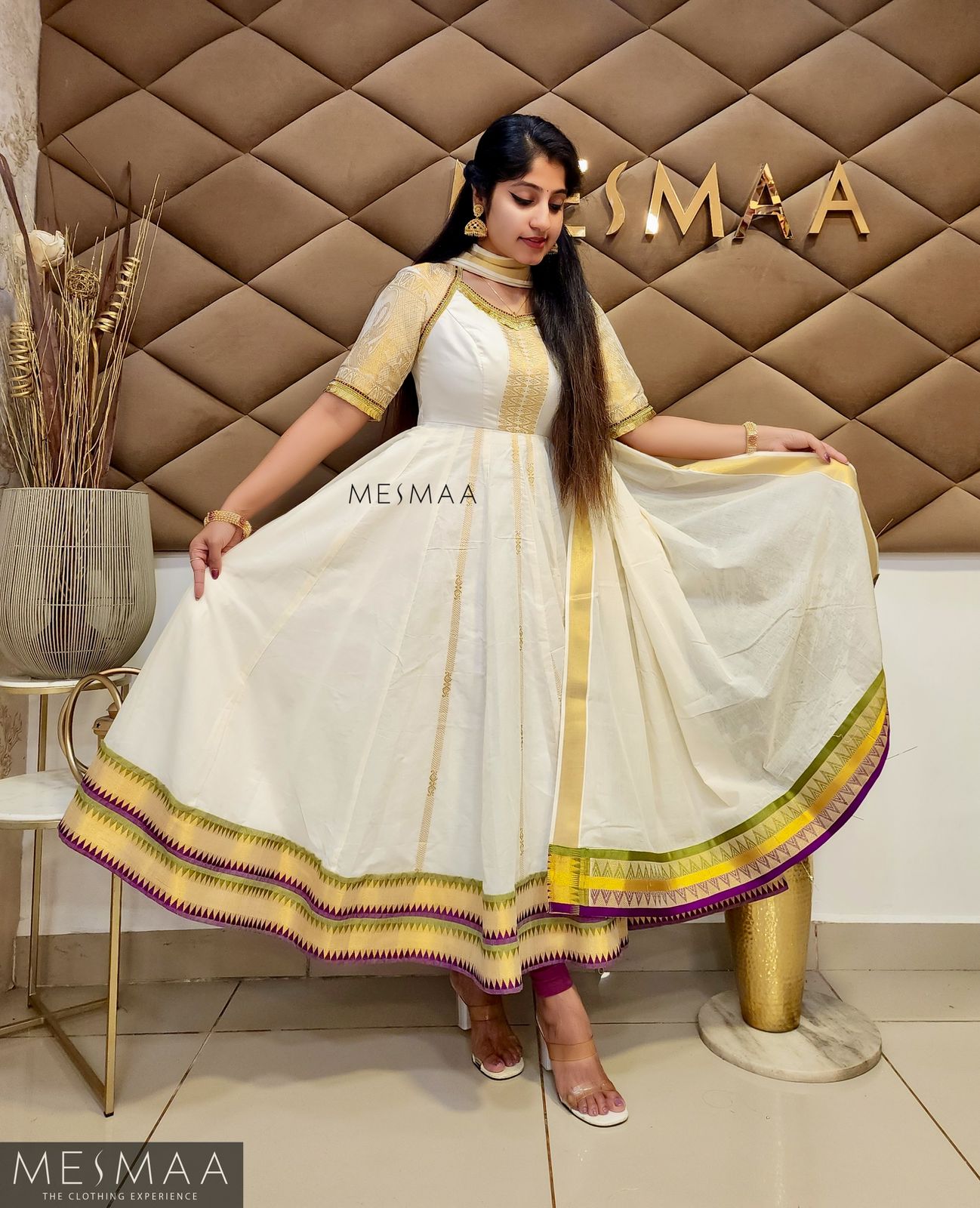 Purple olive green white Kerala type anarkali