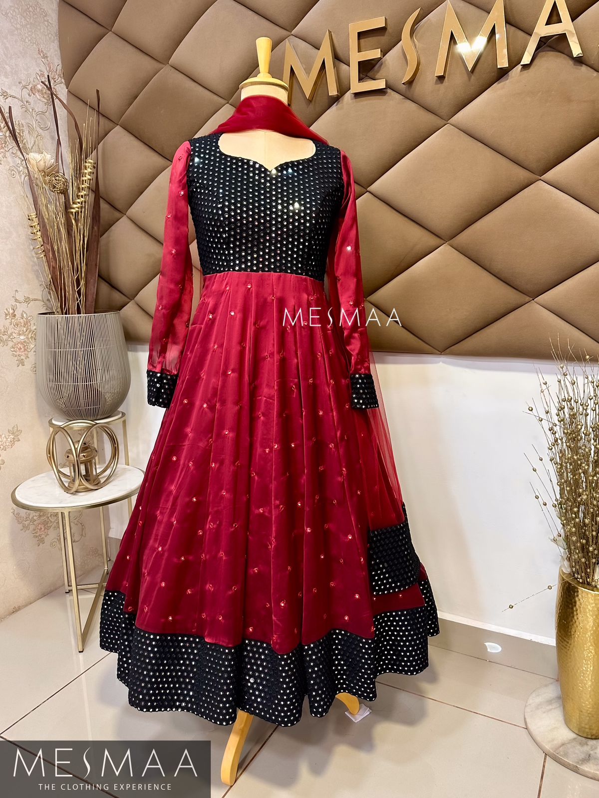 Maroon black flared anarkali.