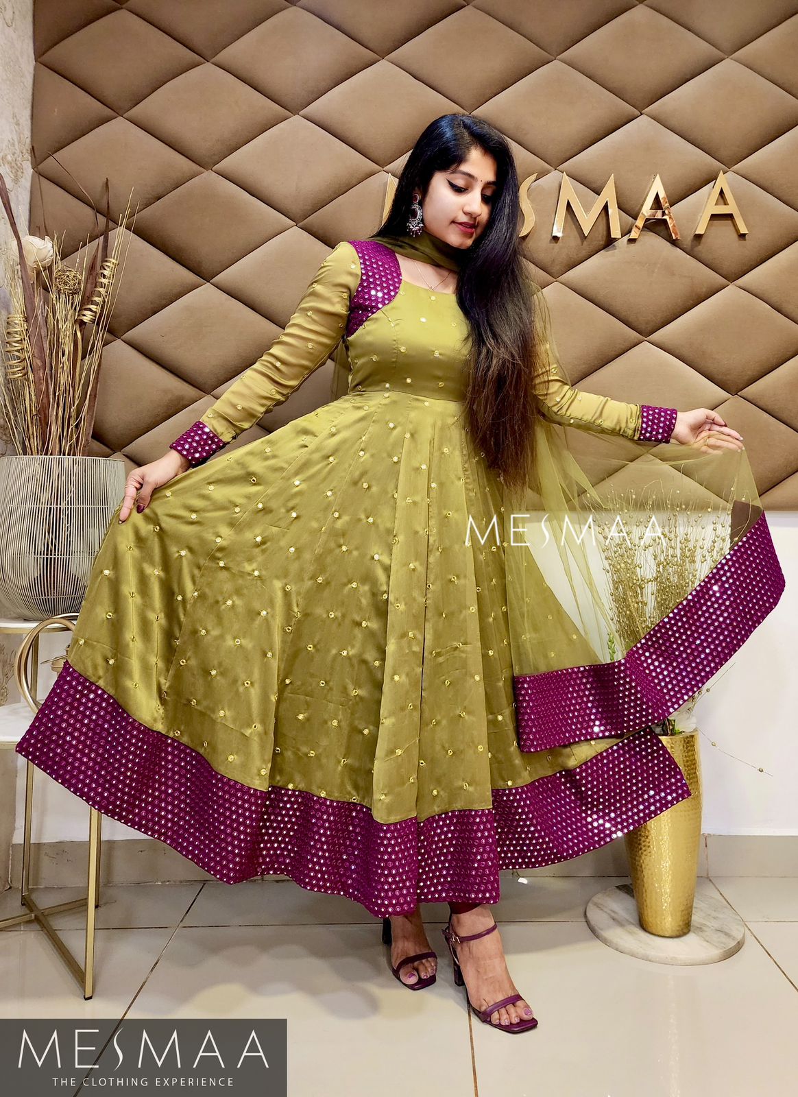 Olive-green purple flared anarkali.