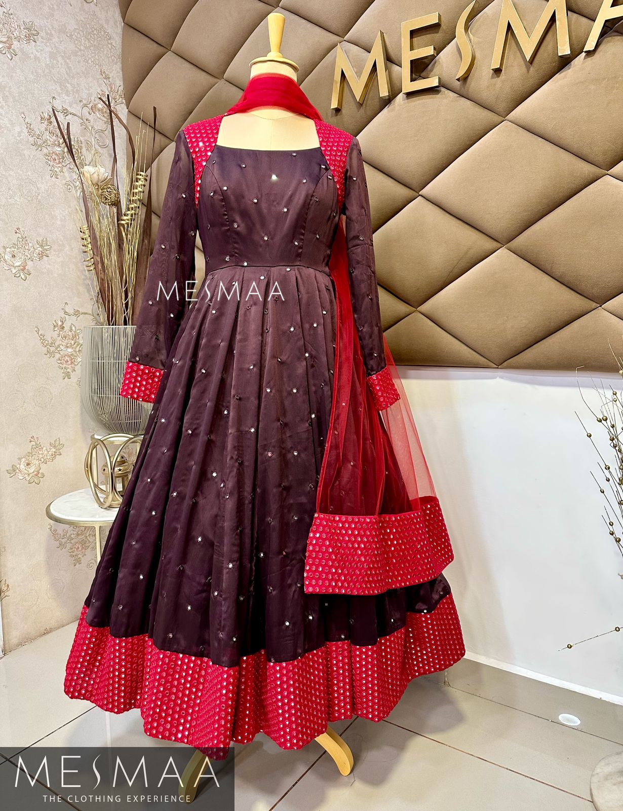 Coffee brown crimson red flared anarkali.