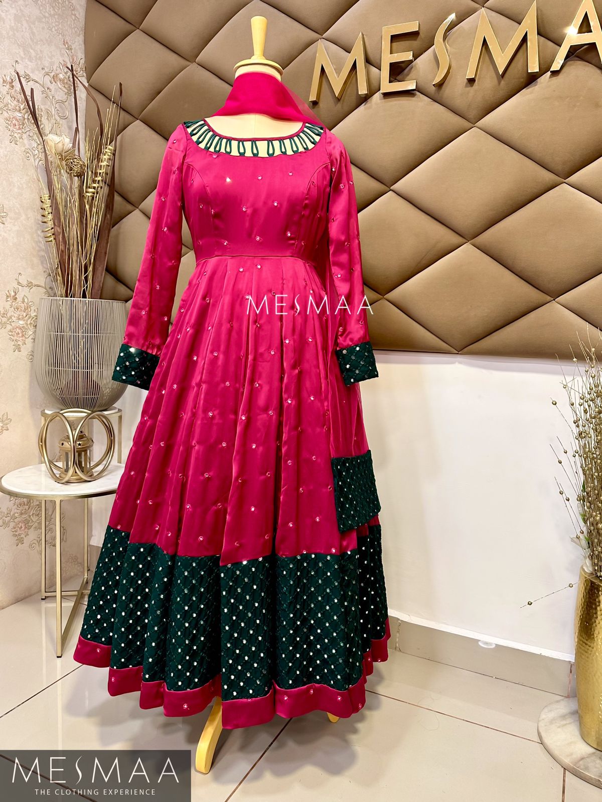 Majentha bottle green flared anarkali.
