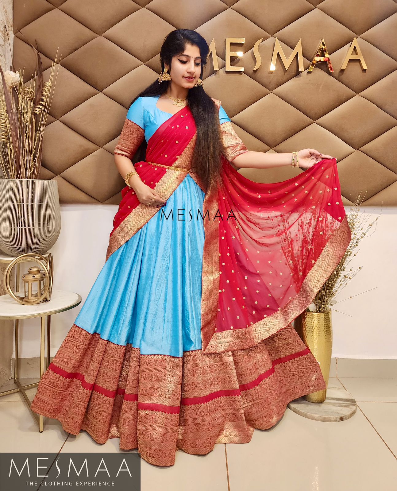 Crimson red sky blue half saree.