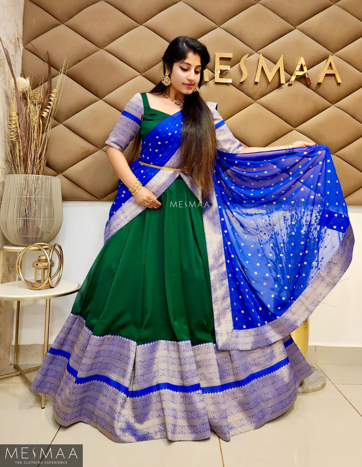 Royal blue bottle green half saree.