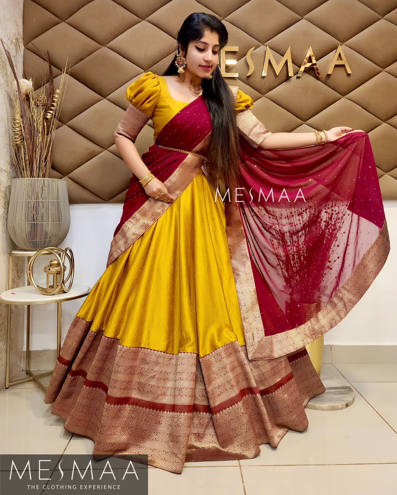 Maroon mustard yellow half saree.