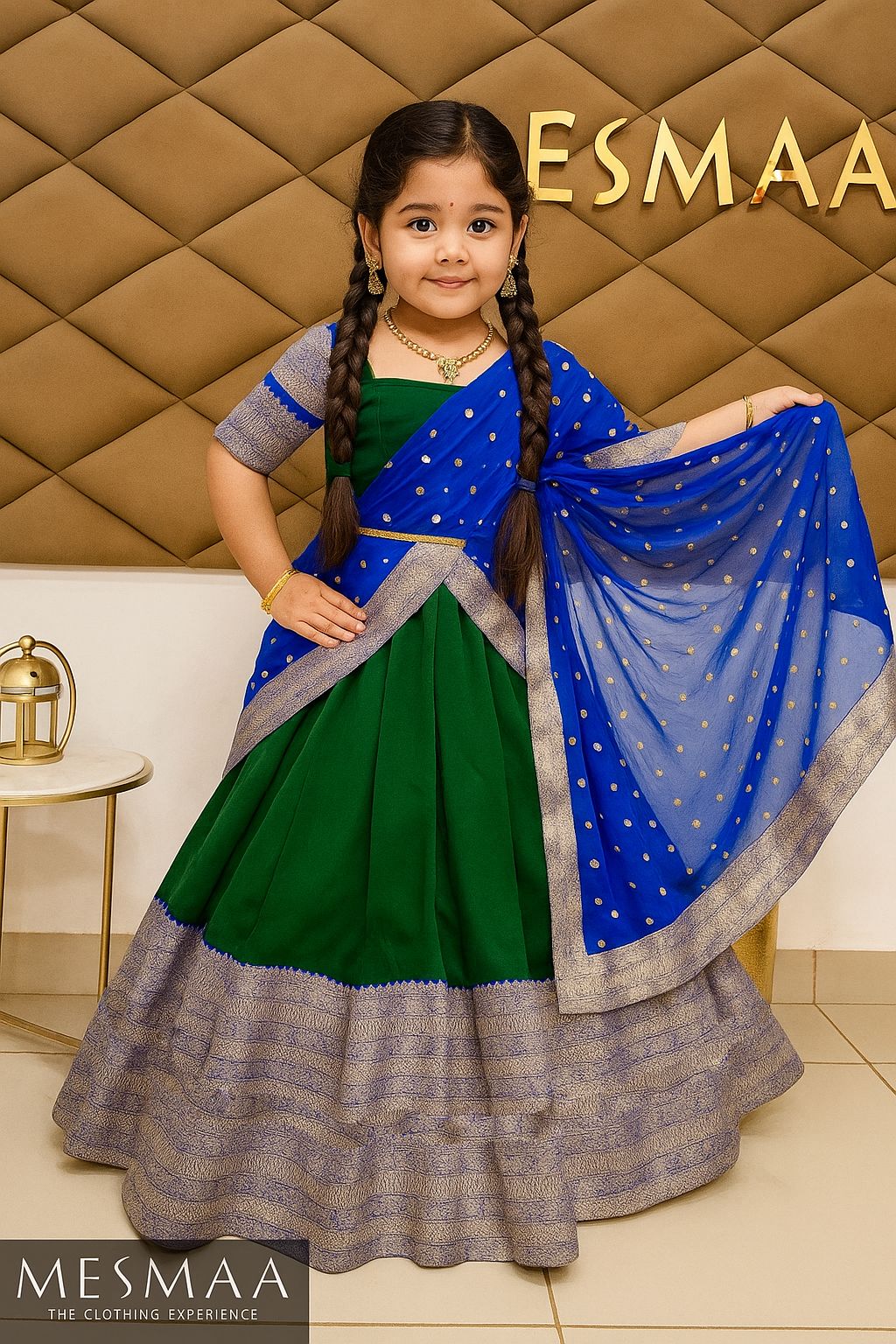 Royal blue bottle green kids half saree set.