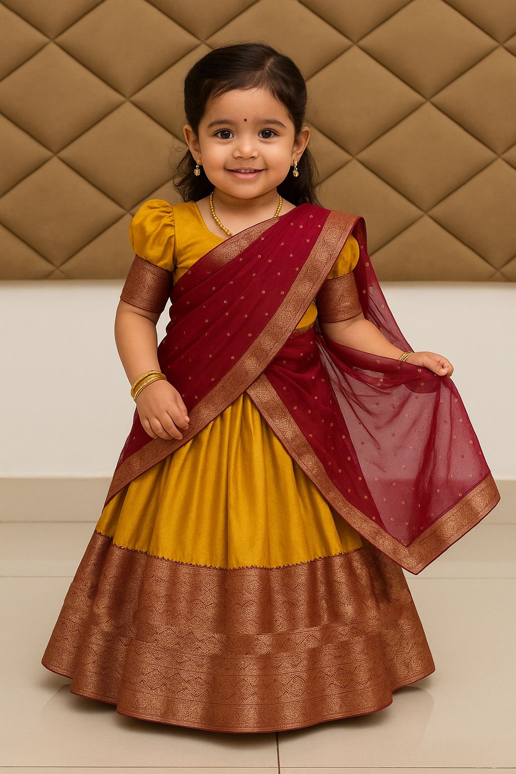 Maroon mustard yellow kids half saree set.