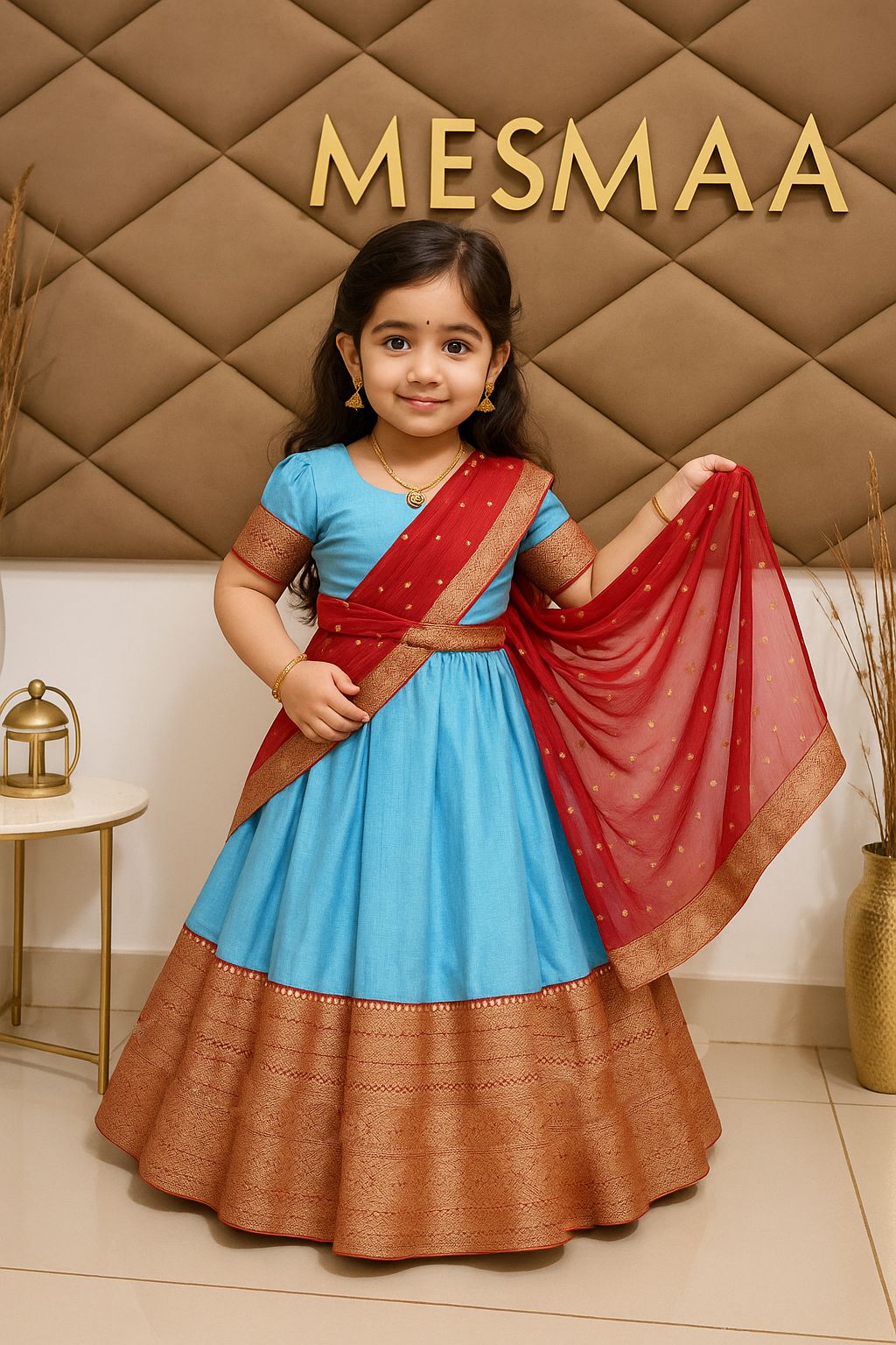 Crimson red sky blue kids half saree set.