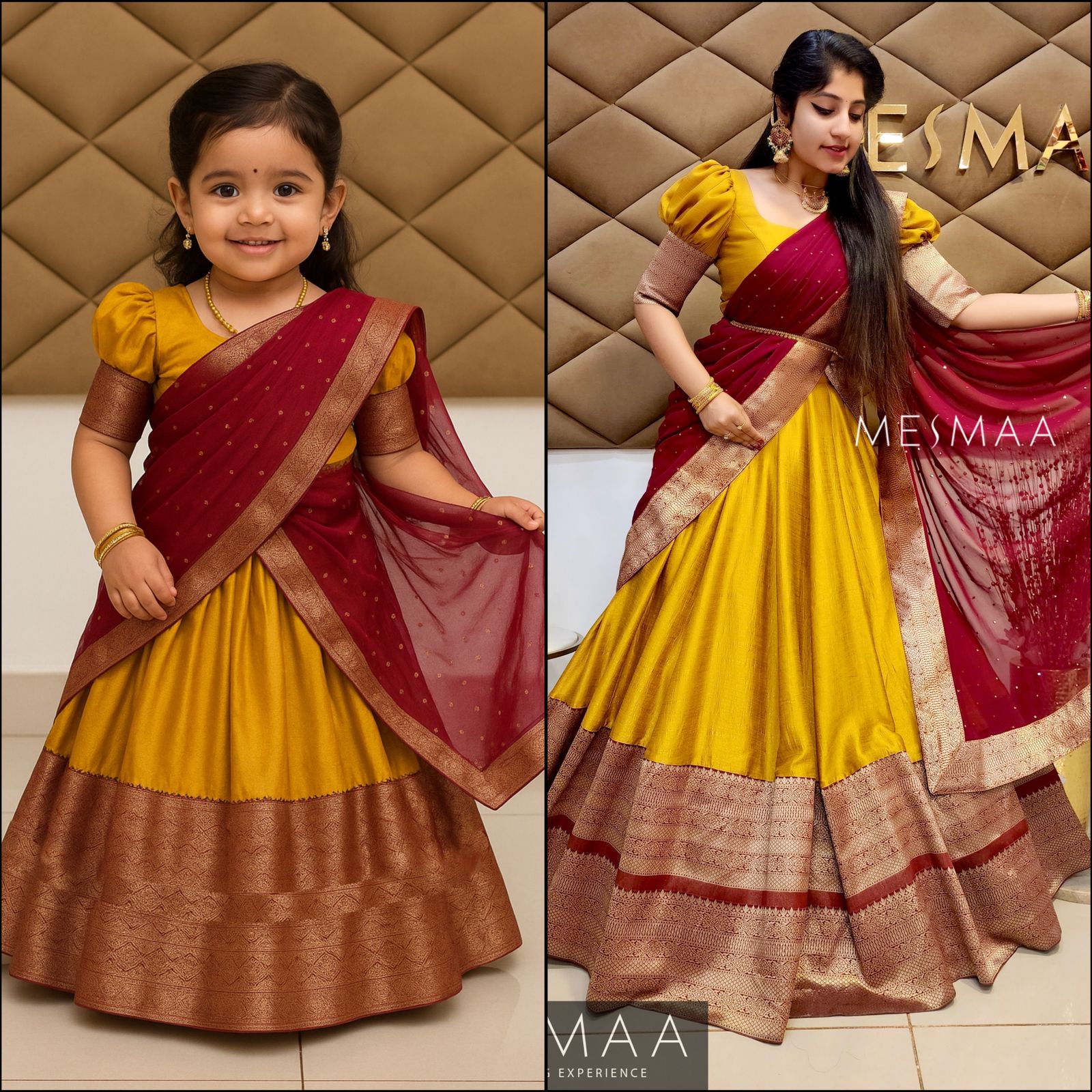 Maroon mustard yellow kids half saree set.
