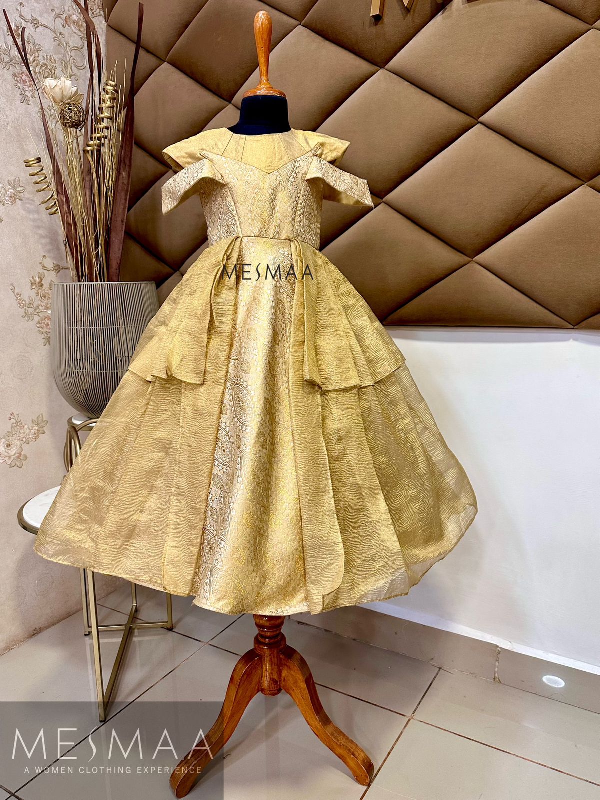 Gold tissue banarasi kids gown.