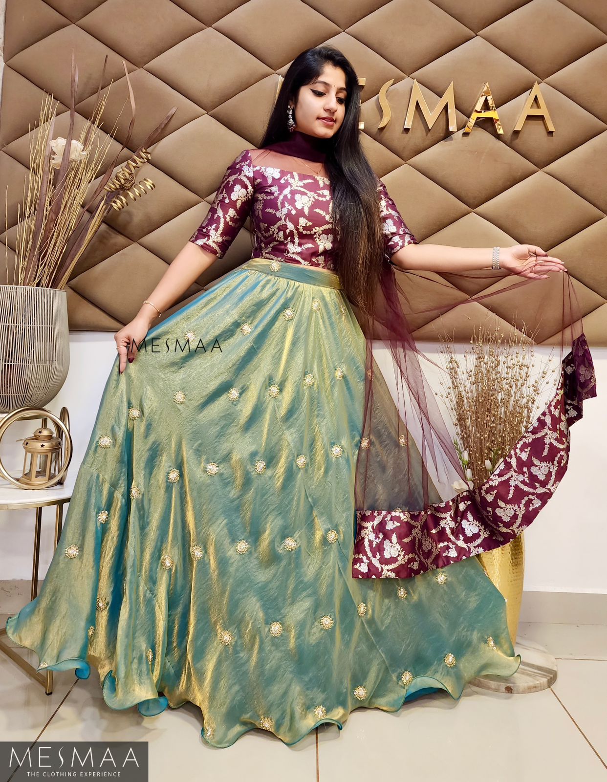 Brown teal tissue organsa lehenga.