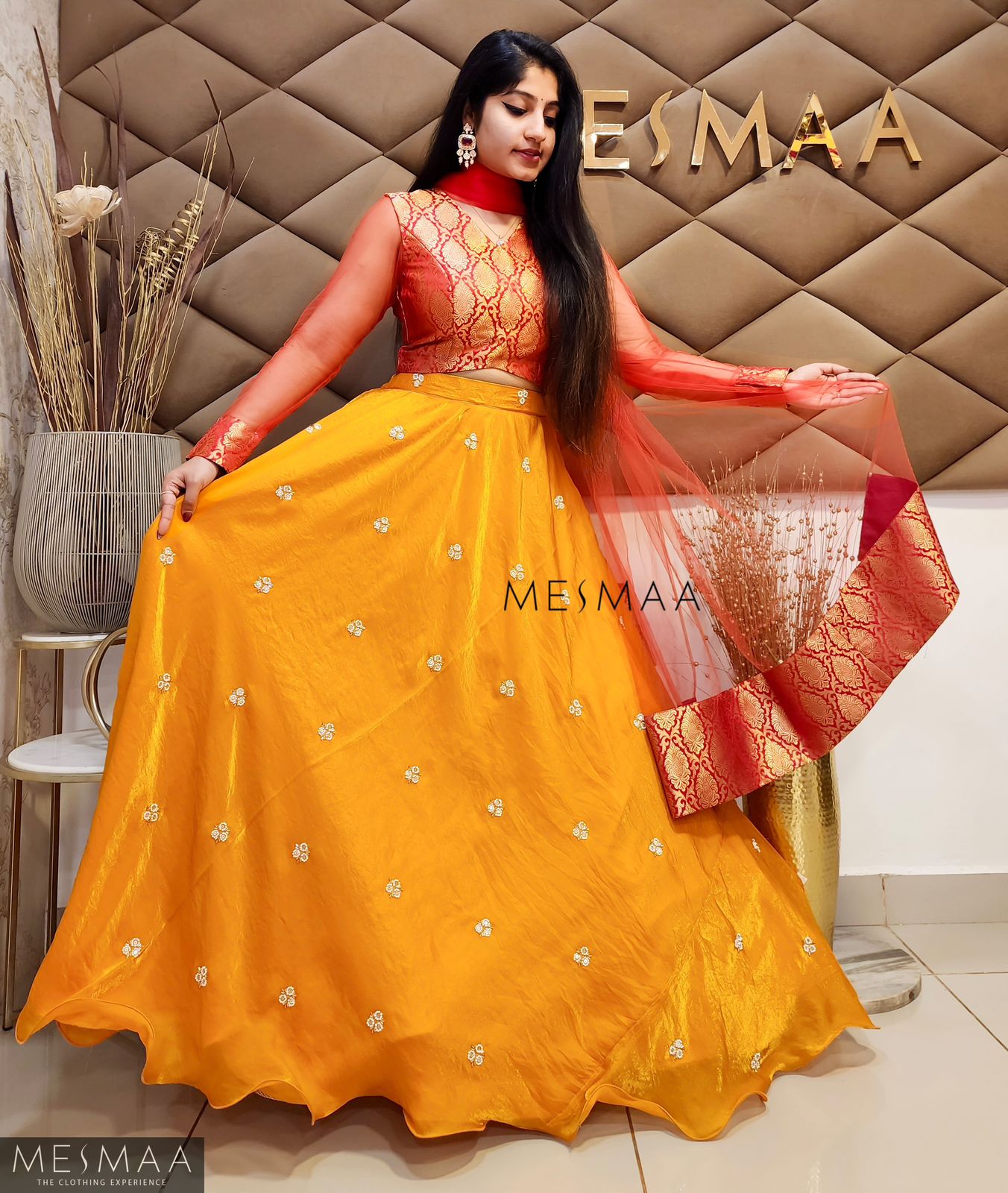 Crimson red turmeric yellow tissue organsa lehenga.