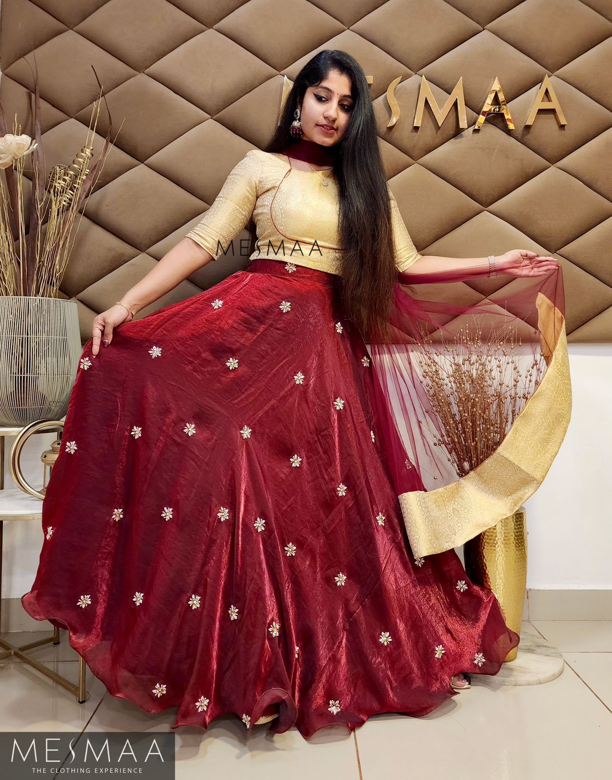 Beige maroon tissue organsa lehenga.