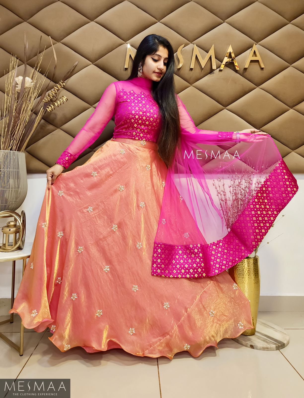 Rani Pink peach tissue organsa lehenga.