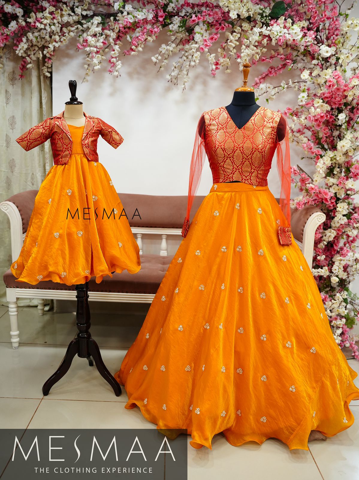 Crimson red turmeric yellow kids gown.