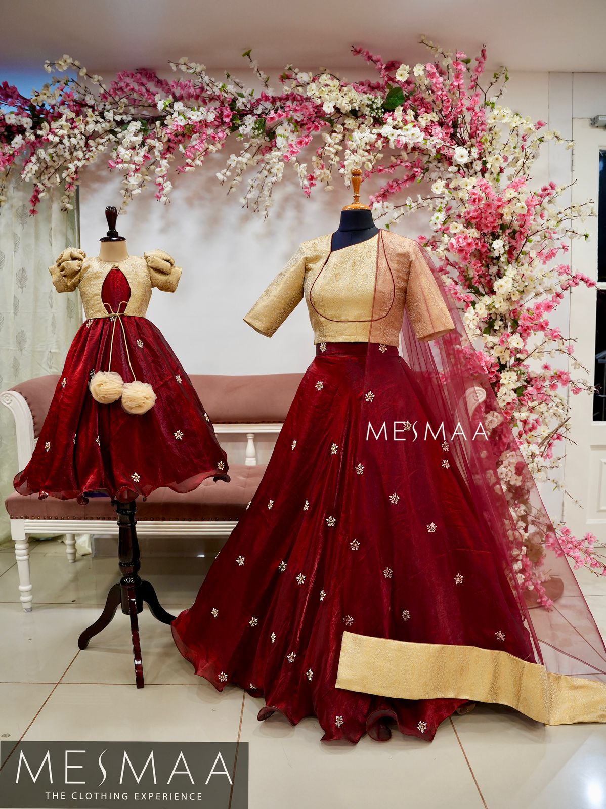 Beige maroon kids gown.