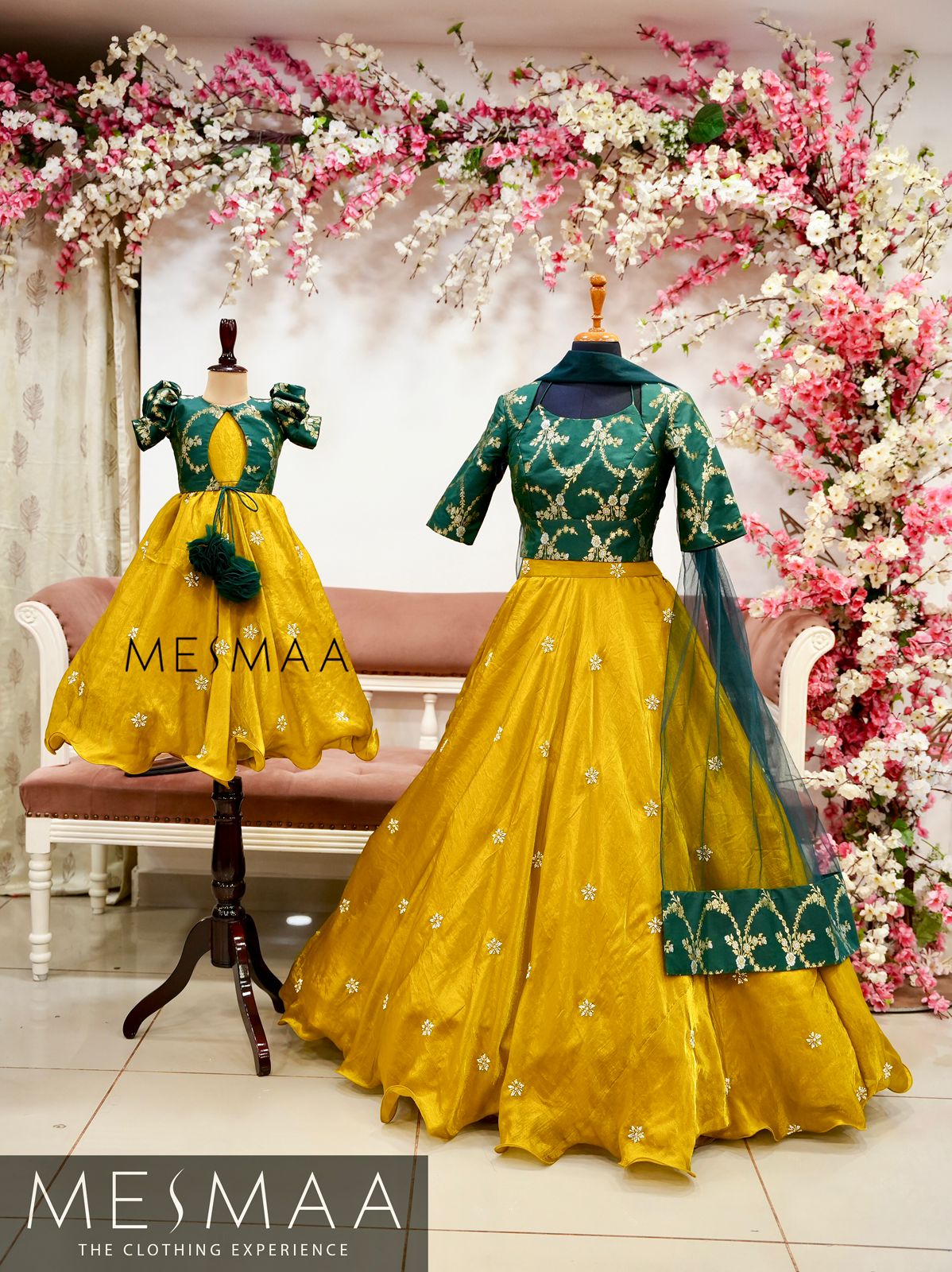 Bottle green mustard yellow kids gown.