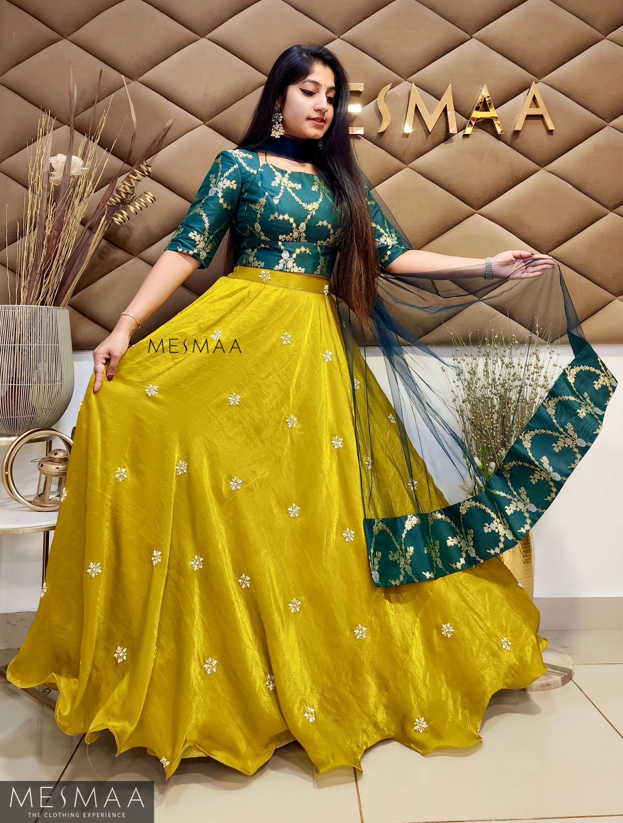 Bottle green mustard yellow tissue organsa lehenga.