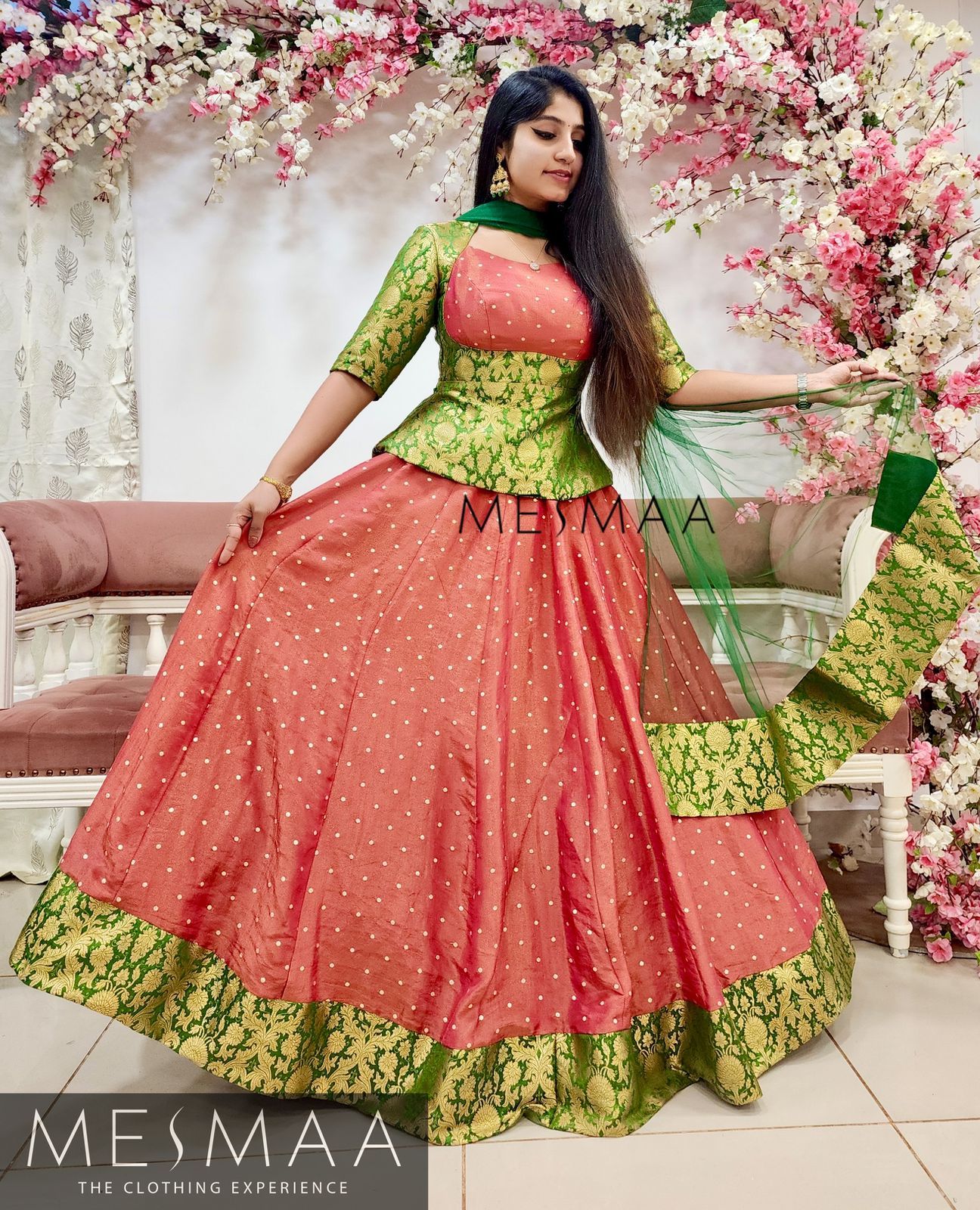 Leaf Green coral tissue banarasi  lehenga.